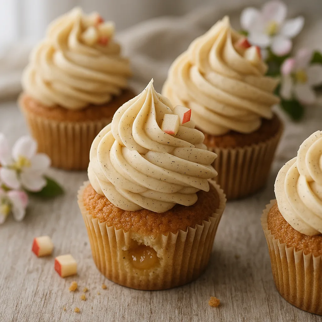 Foto af Forårsfriske æble-vanilje cupcakes med brunet-smør-frosting og æblekompot
