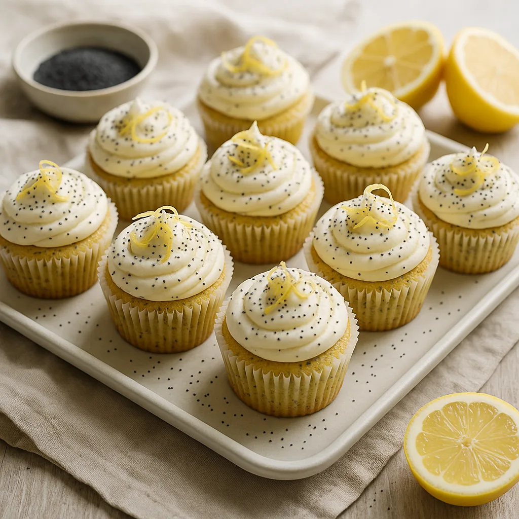 Foto af Citron-valmuefrø cupcakes med citronsirup og flødeostfrosting