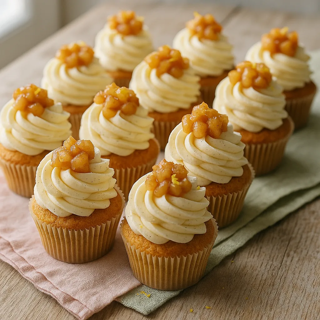Foto af Forårsfriske æble-vanilje cupcakes med vaniljeæblekompot og smørcreme