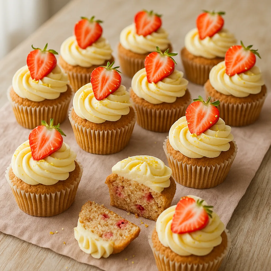 Fotorealistisk billede af Forårsfriske jordbær- og hyldeblomst-cupcakes med citronfrosting
