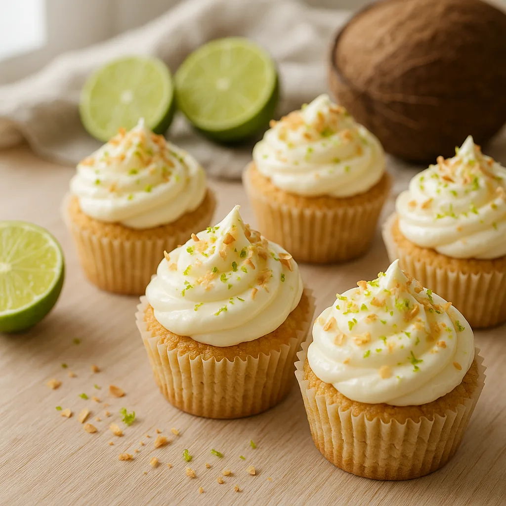 Foto af Forårsfriske kokos og lime-cupcakes med cremet flødeostfrosting og ristet kokos