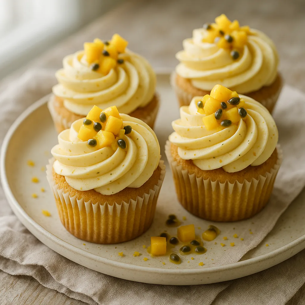 Foto af Forårsfriske mango-passionsfrugt-cupcakes med fyld og silkeblød smørcreme