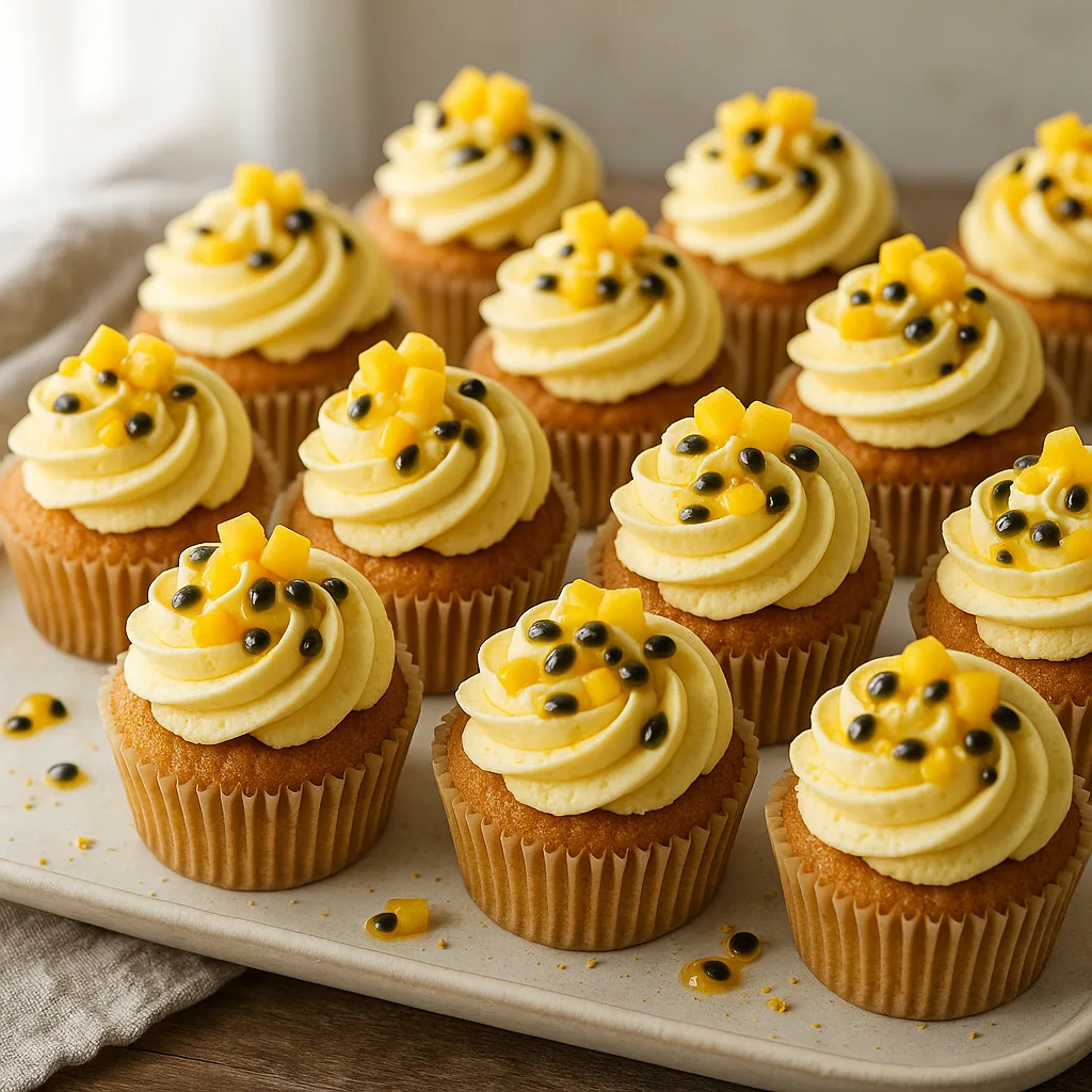 Foto af Forårsfriske mango- og passionsfrugt-cupcakes med passionssmørfrosting og mango‑passionscurd