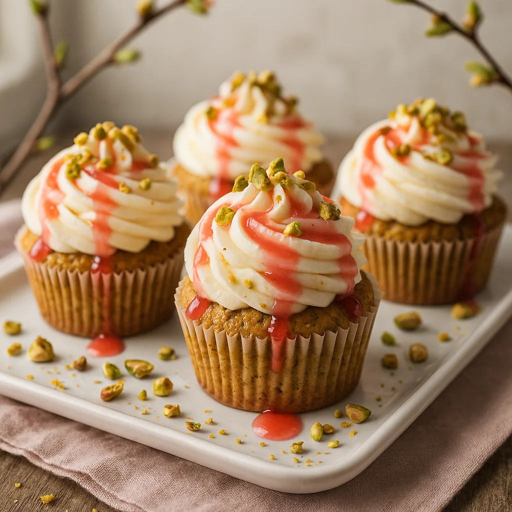 Foto af Forårsfriske pistacie- og kardemomme-cupcakes med rabarbersirup