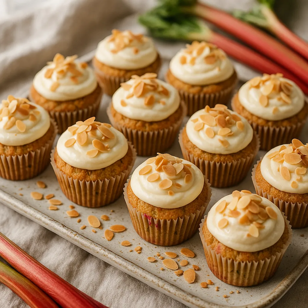 Foto af Forårsfriske rabarber-cupcakes med marcipan og flødeostfrosting