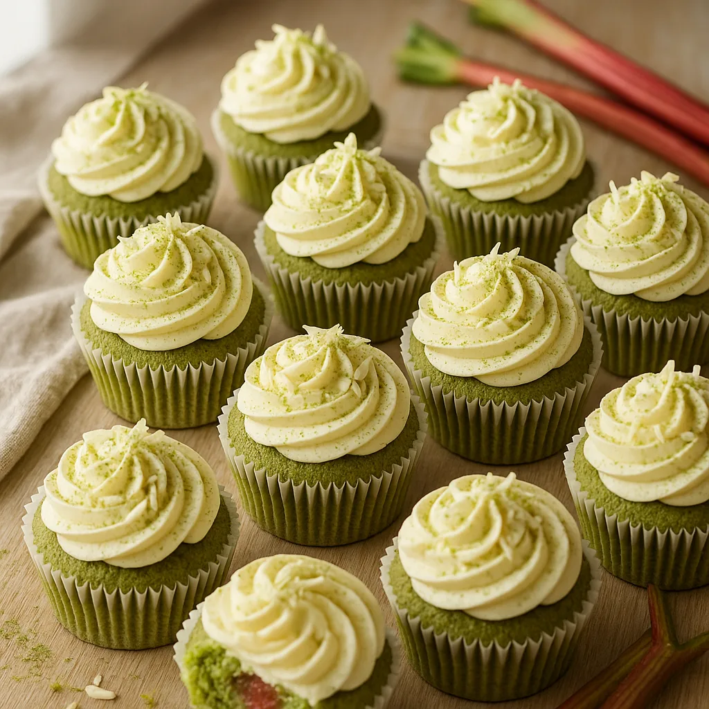 Foto af Forårsgrønne matcha-cupcakes med hvid chokolade og rabarbermidte