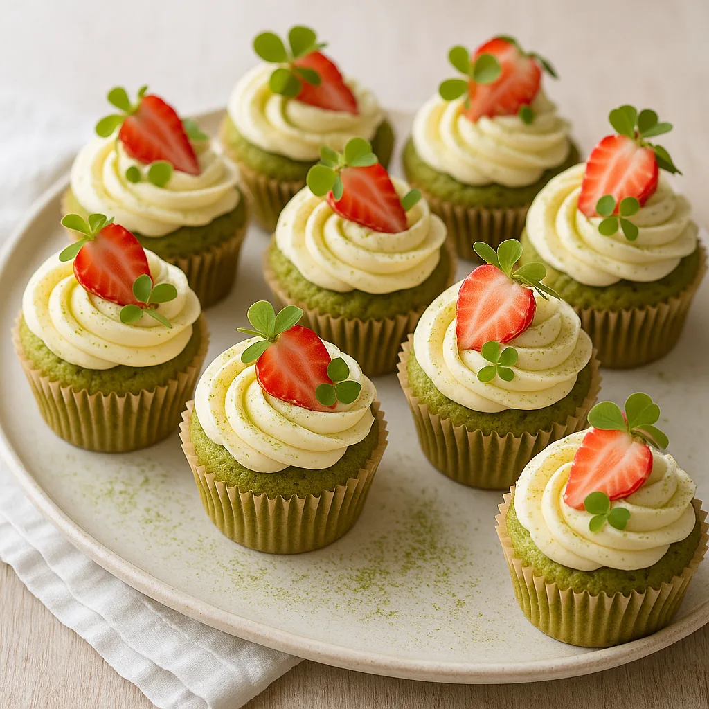 Foto af Forårsgrønne matcha-cupcakes med hvid chokoladefyld og ganachefrosting