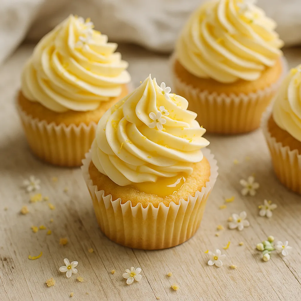 Foto af Hyldeblomst og citron-cupcakes med citroncurd og marengssmørcreme