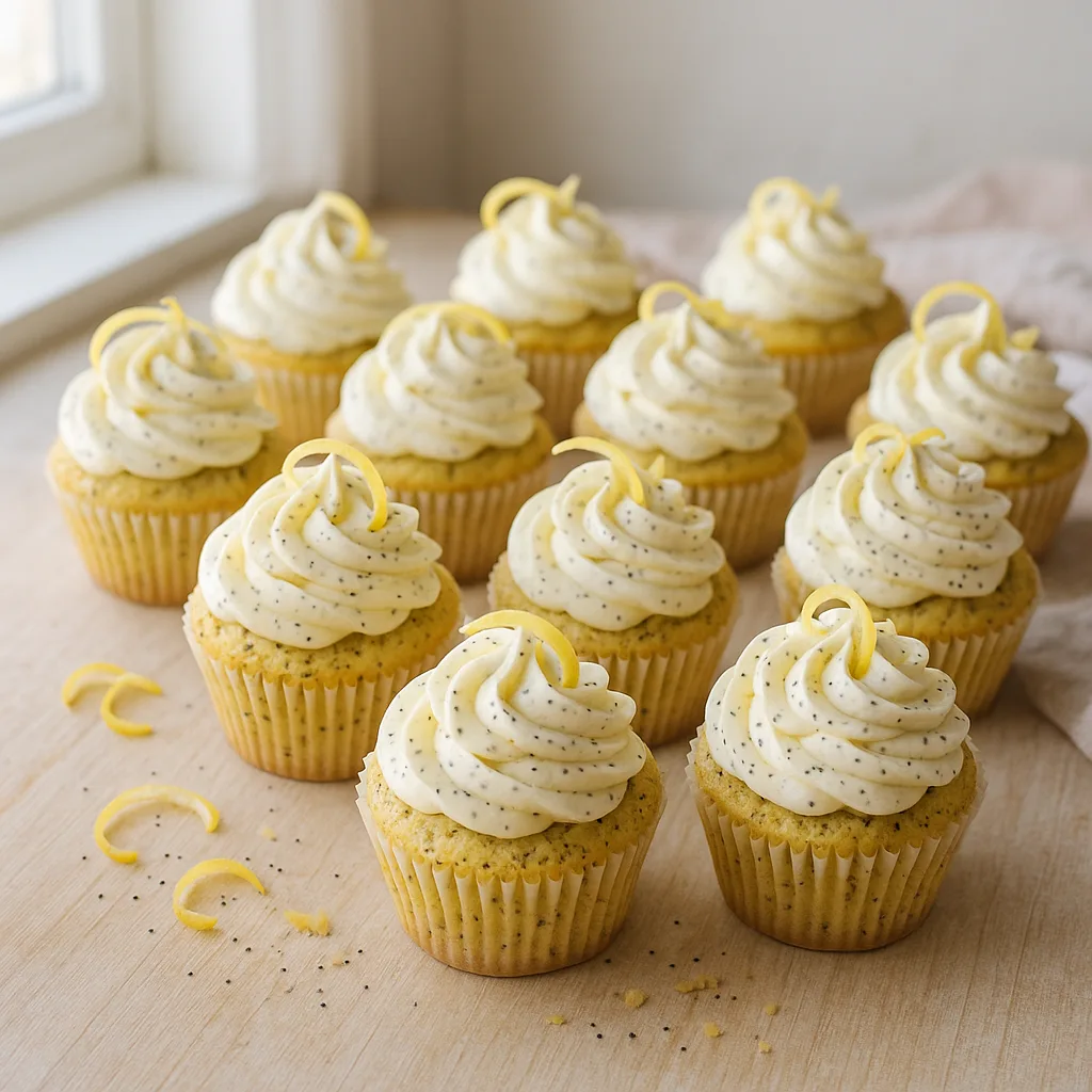 Foto af Luftige citron-valmuefrø cupcakes med pisket flødeostefrosting