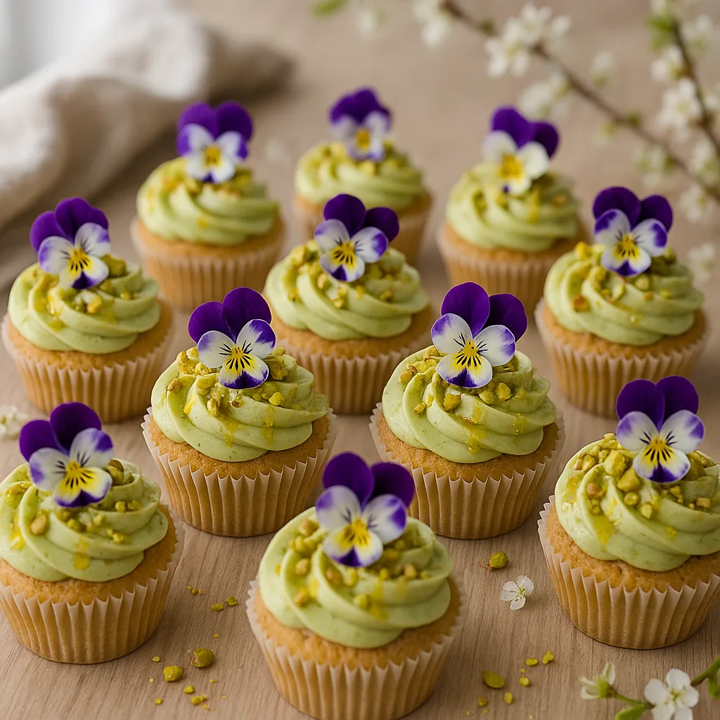 Foto af Luftige pistacie- og kardemomme-cupcakes med pistacie-flødeostecreme