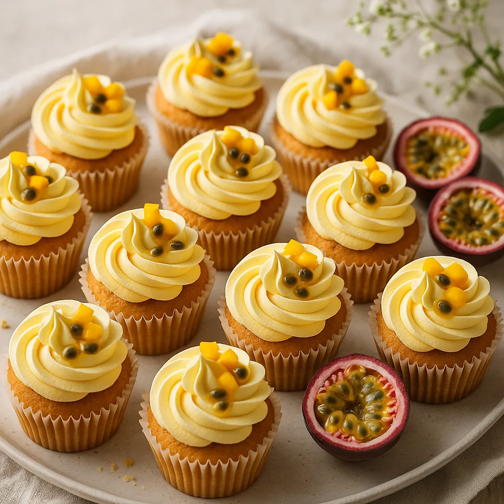 Foto af Forårsfriske mango- og passionsfrugt-cupcakes med luftig marengssmørcreme