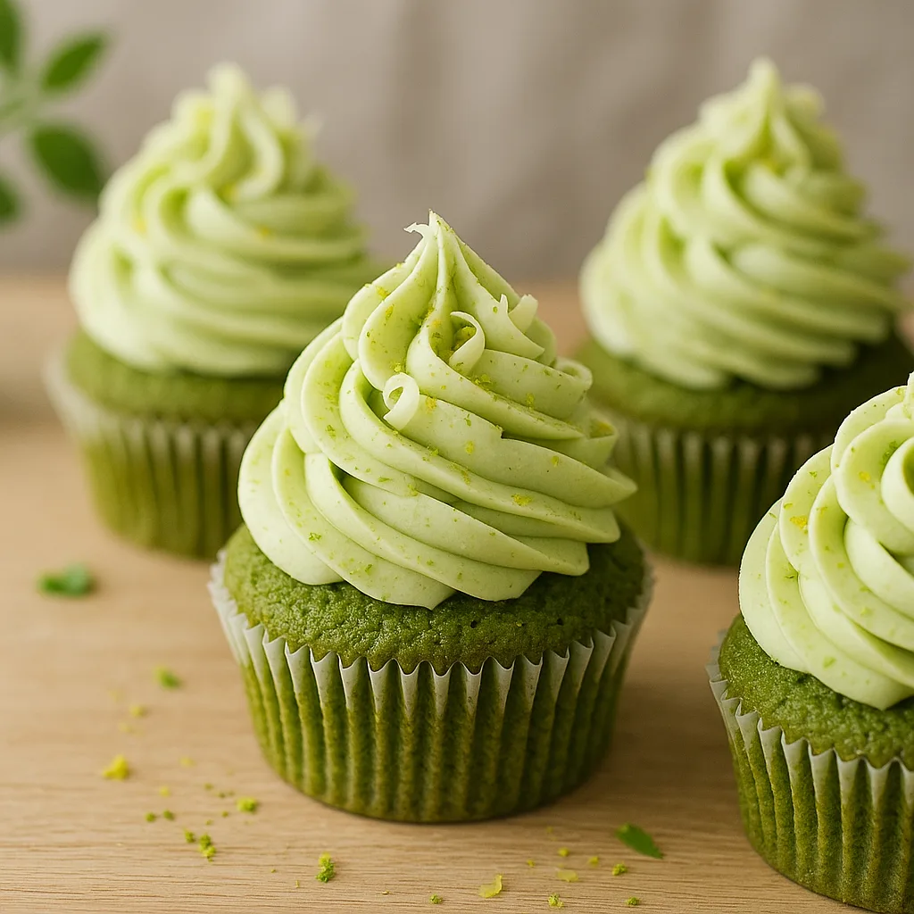 Foto af Forårsgrønne matcha-cupcakes med hvid chokolade og pisket ganache