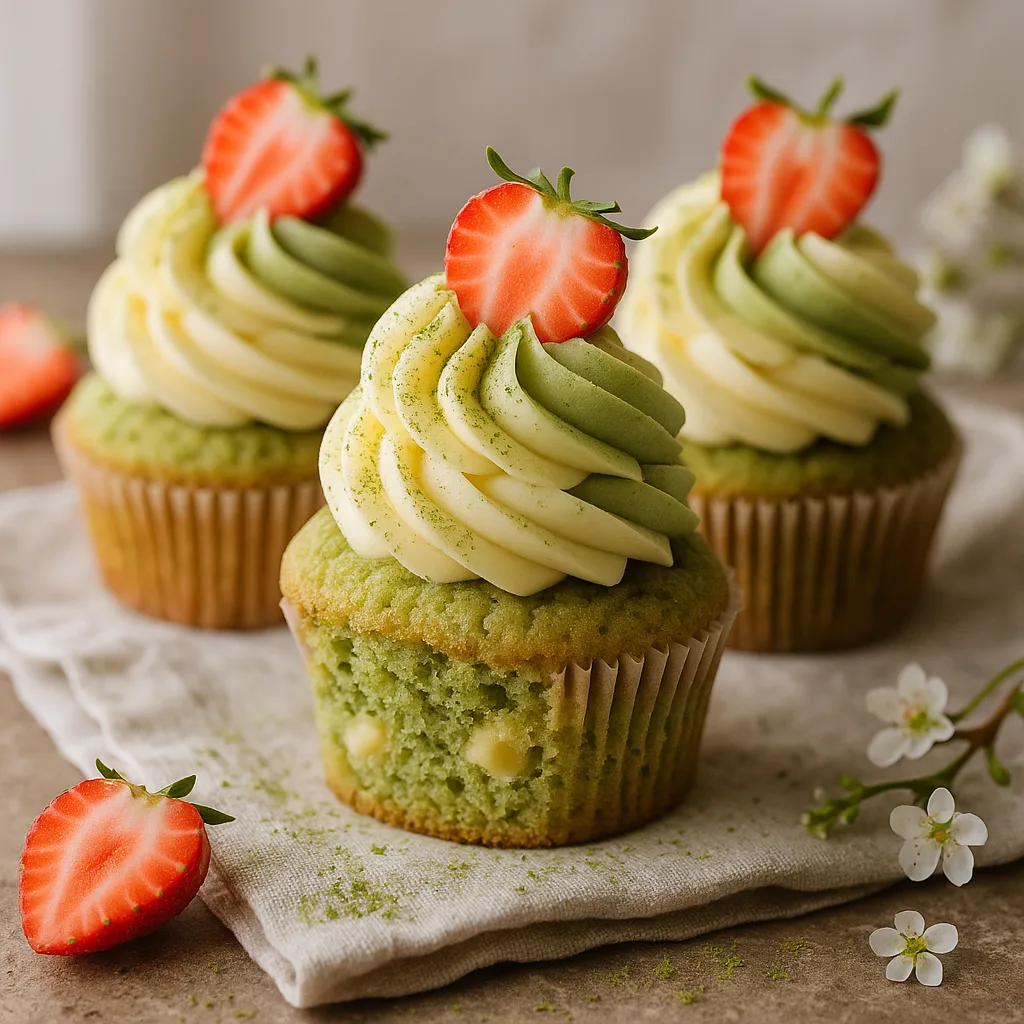 Foto af Luftige matcha-cupcakes med hvid chokolade og tofarvet swirl
