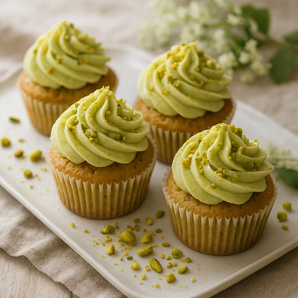 Foto af Forårsfriske pistacie- og kardemomme-cupcakes med hyldeblomstsirup og pistaciesmørcreme