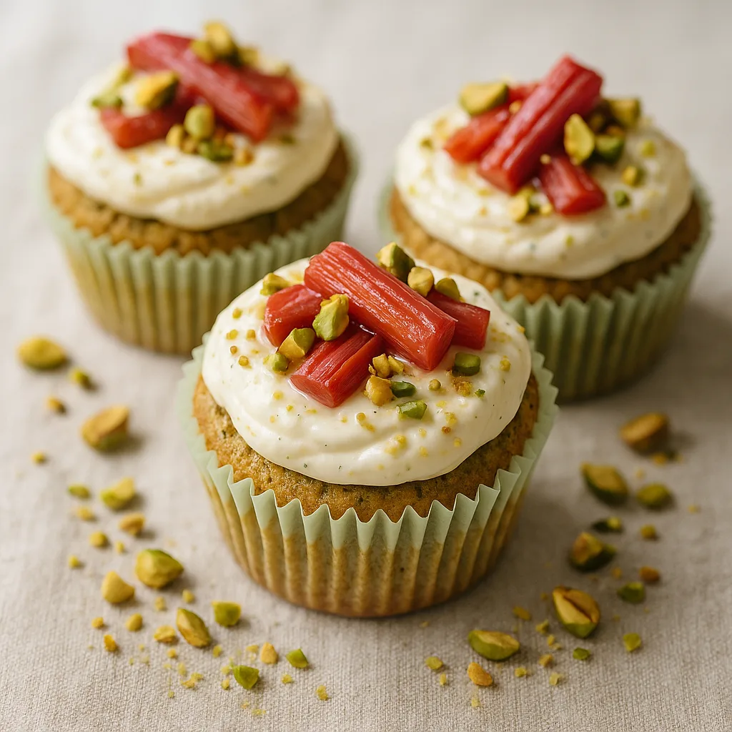 Foto af Pistacie- og kardemommecupcakes med bagte rabarber og skyrfrosting