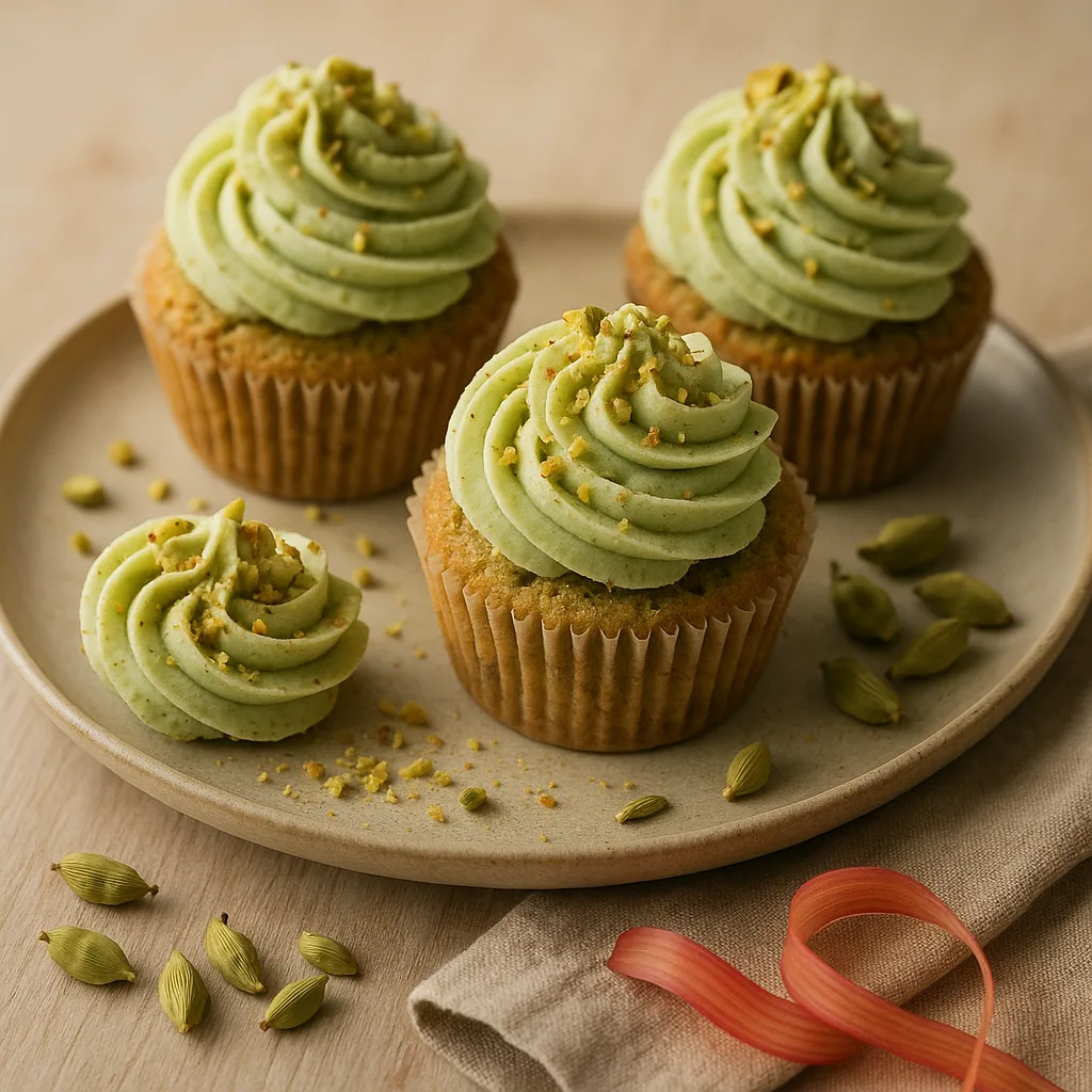 Foto af Pistacie- og kardemommercupcakes med rabarberfyld og pistaciesmørcreme