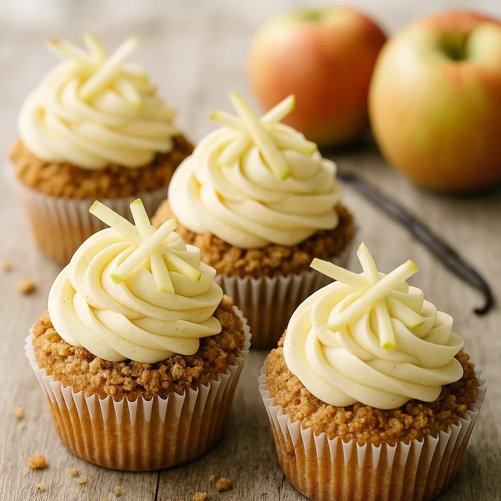 Foto af Saftige æble- og vanilje-cupcakes med sprød crumble og mascarponefrosting
