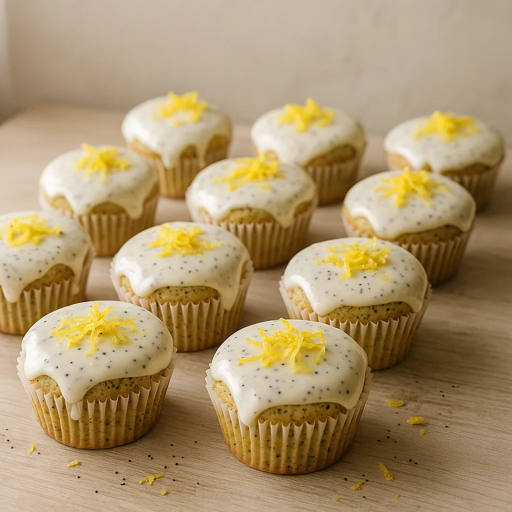 Foto af Saftige citron-valmuefrø cupcakes med citronskyr-glasur