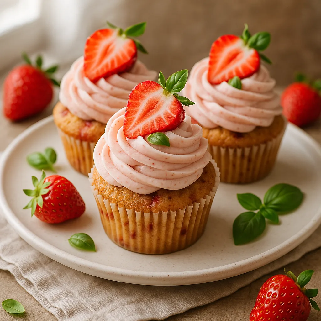 Foto af Saftige jordbær-basilikum cupcakes med flødeostefrosting