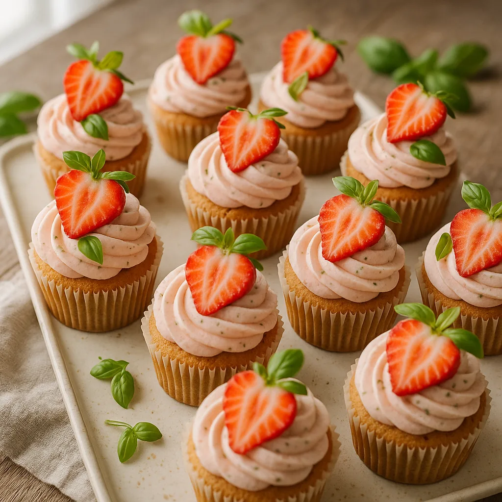 Foto af Saftige jordbær- og basilikum-cupcakes med mascarponefrosting