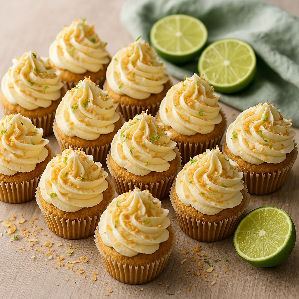 Foto af Saftige kokos- og lime-cupcakes med pisket flødeostecreme og ristet kokos