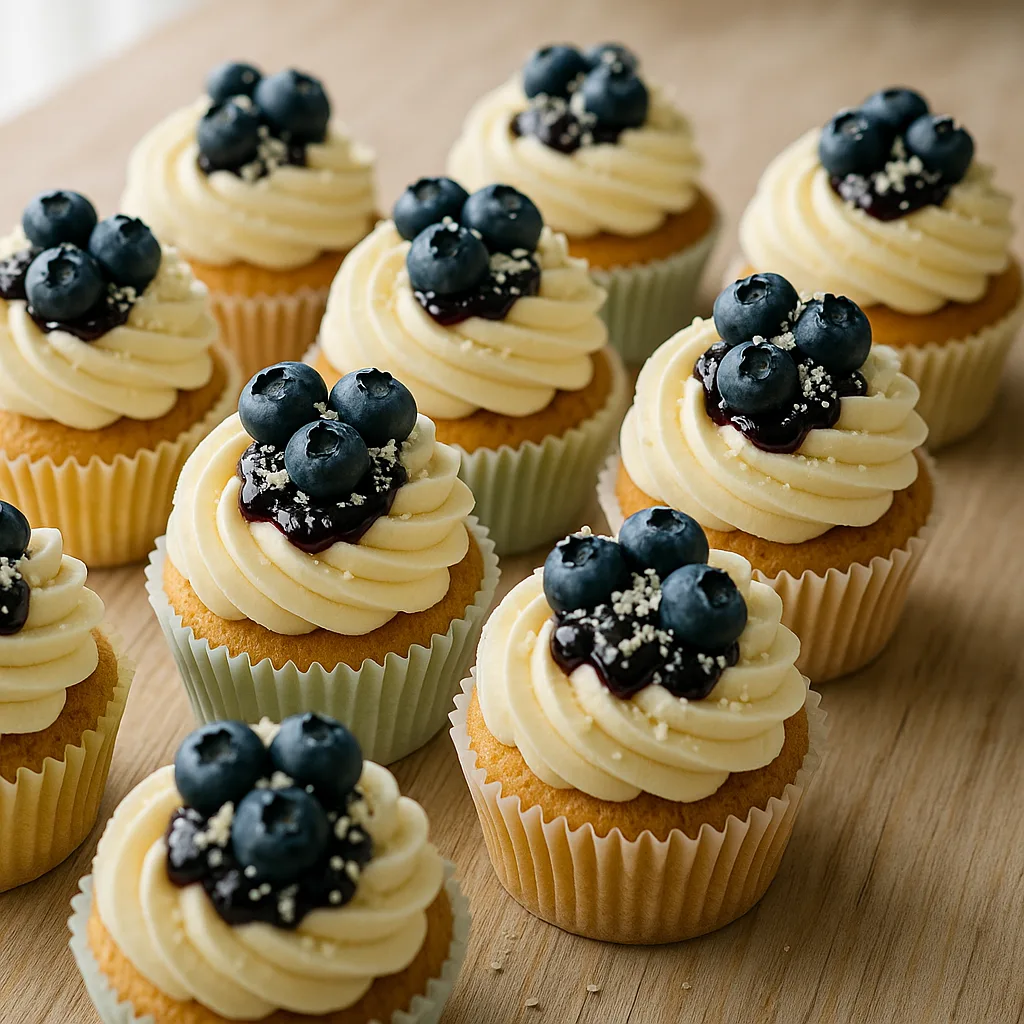 Fotorealistisk billede af Saftige skyr og blåbær-cupcakes med vaniljeskyrfrosting
