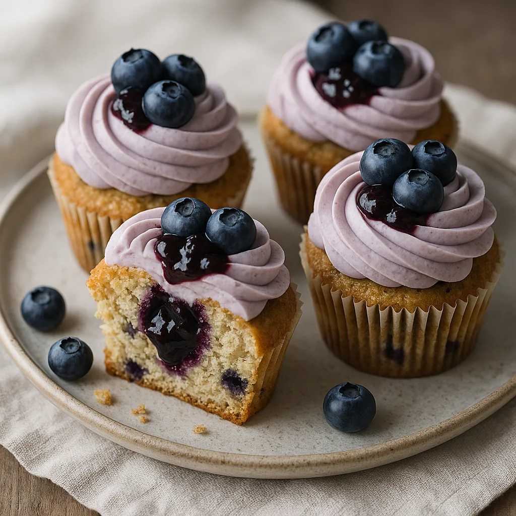 Fotorealistisk billede af Skyr og blåbær-cupcakes med blåbærkompot og vaniljeskyrfrosting